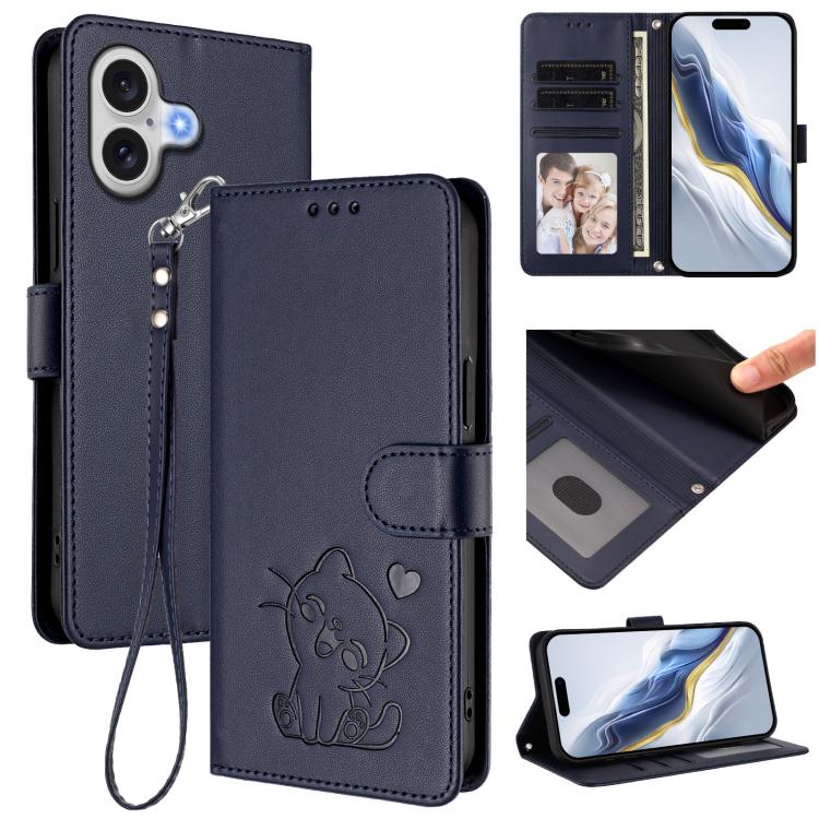 Embossed heart cat iPhone wallet case in blue for iPhone 17