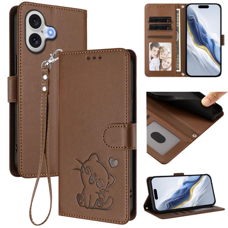 Embossed heart cat iPhone wallet case in brown for iPhone 17