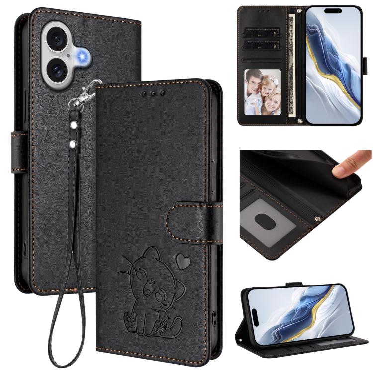 Embossed heart cat iPhone wallet case in black for iPhone 17