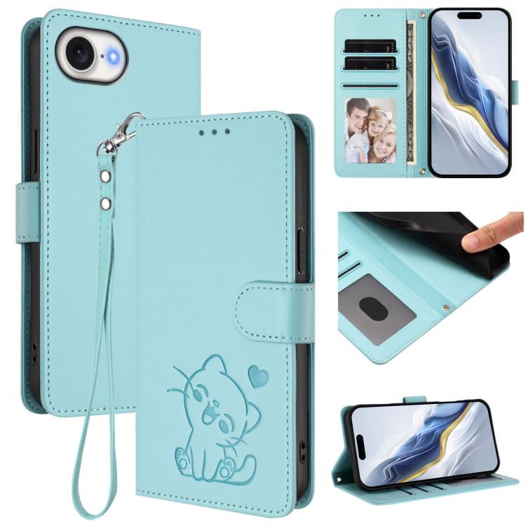 Heart cat iPhone wallet case in mint green