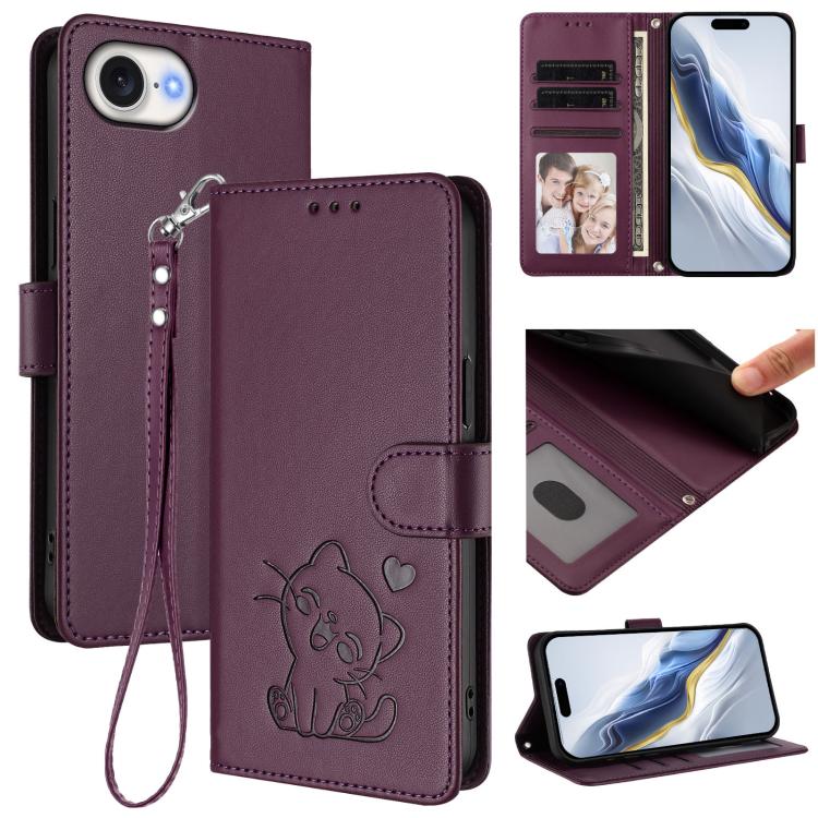 Heart cat iPhone wallet case in dark purple