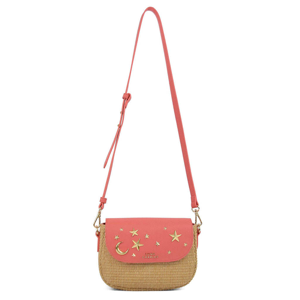 Luna Charles Elena coral and gold rattan handbag with detachable strap