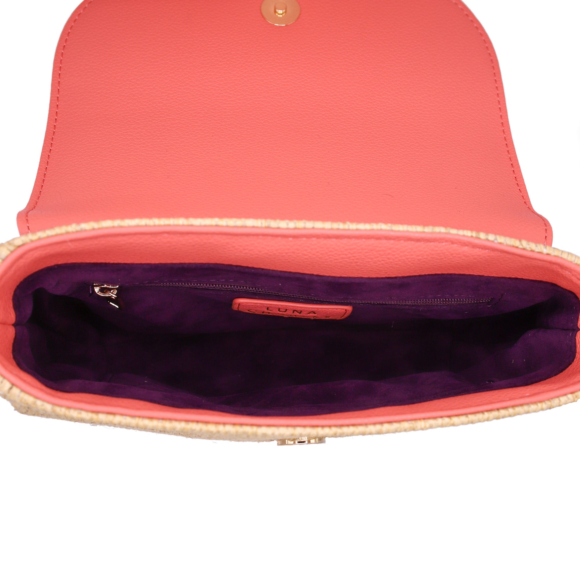 Luna Charles Elena coral rattan handbag inner compartment detail