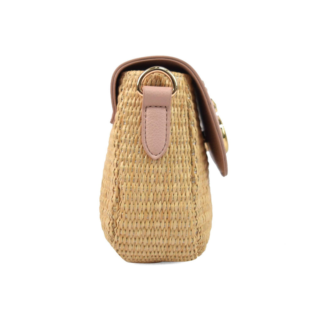 Luna Charles Elena pink and gold rattan handbag side view
