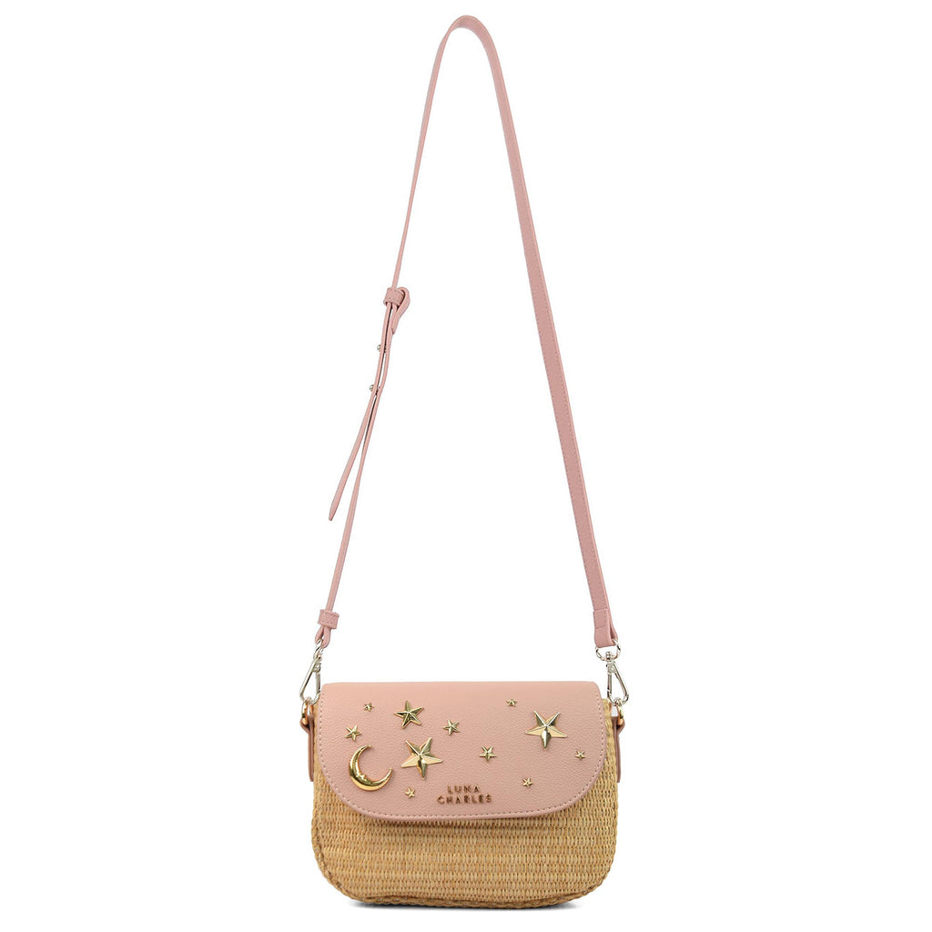 Luna Charles Elena pink and gold rattan handbag with detachable strap