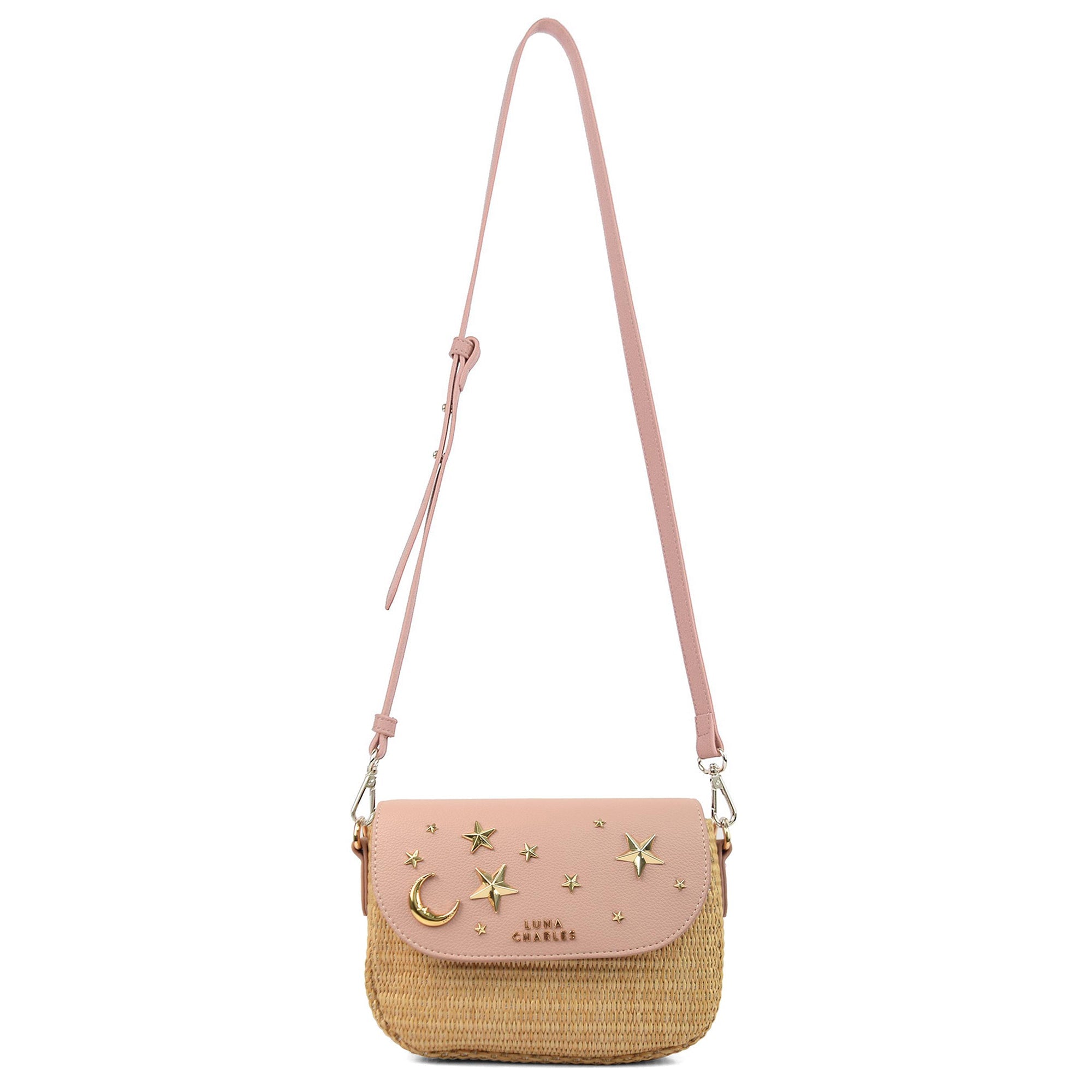 Luna Charles Elena pink and gold rattan handbag with detachable strap