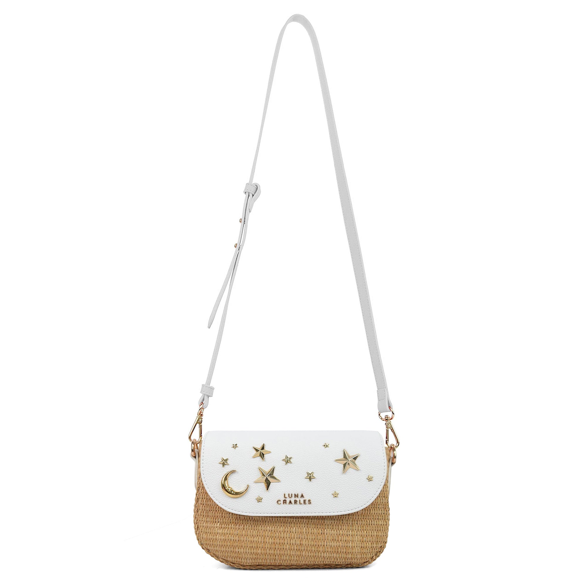 Luna Charles Elena white and gold rattan handbag with detachable strap