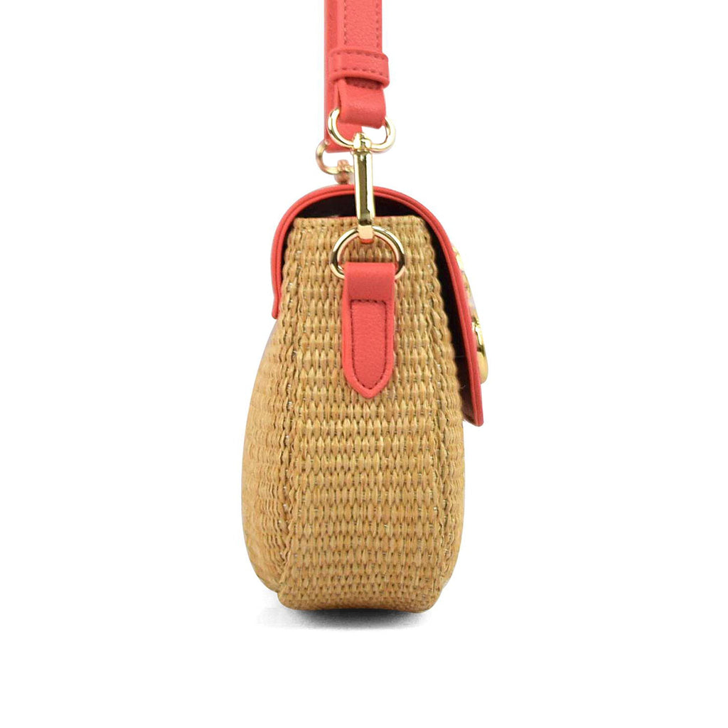 Luna Charles Elena coral and gold rattan handbag side view