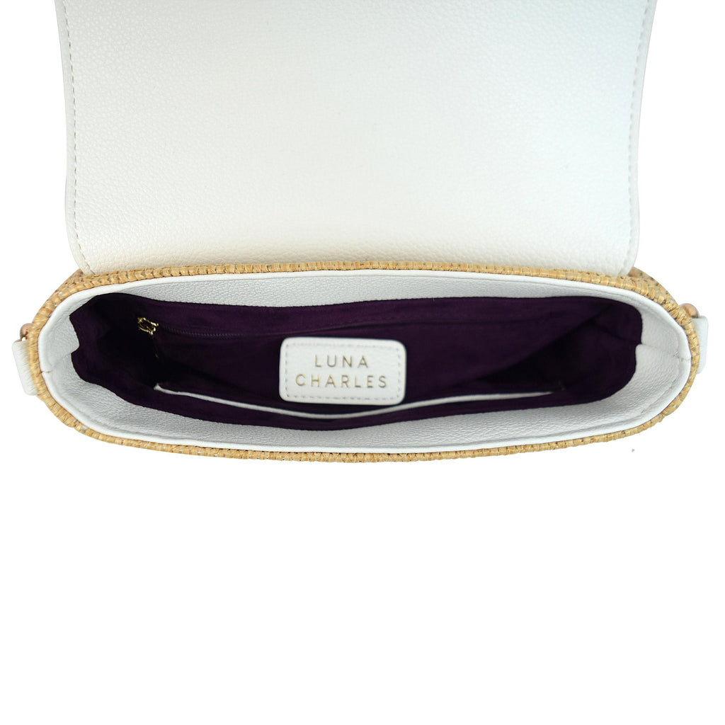 Luna Charles Elena white rattan handbag inner compartment detail