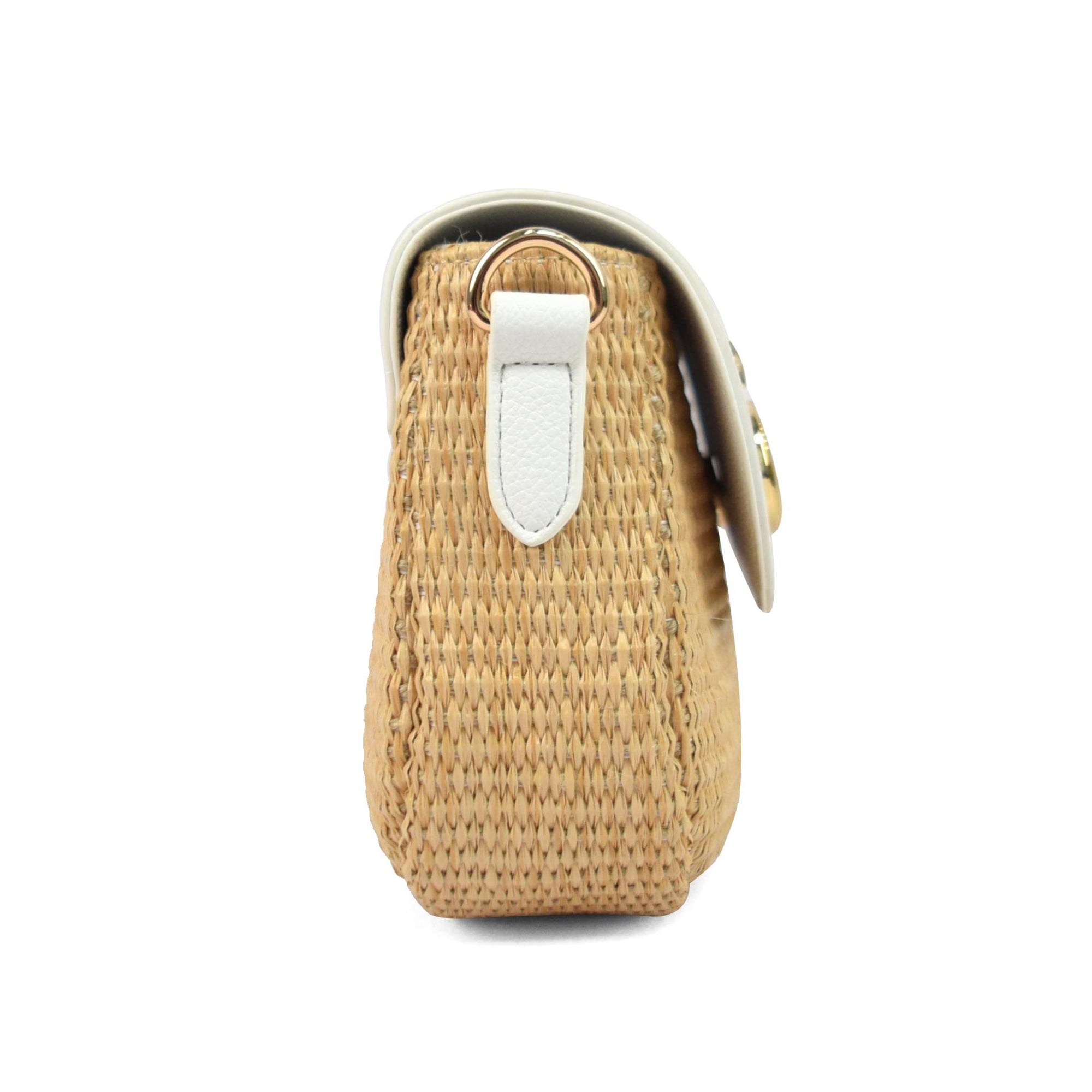 Luna Charles Elena white and gold rattan handbag side view