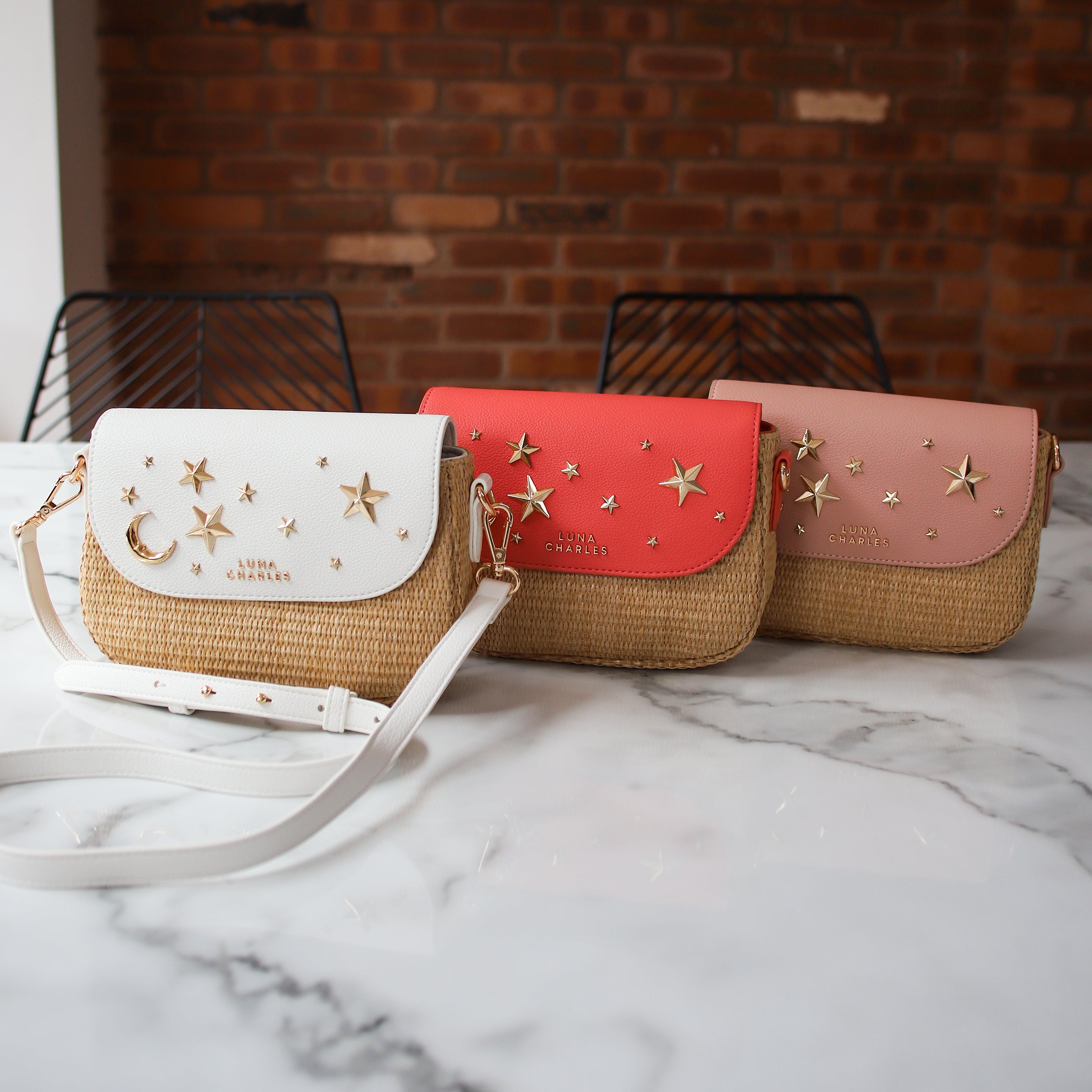 Luna Charles Elena rattan handbags colour range group image
