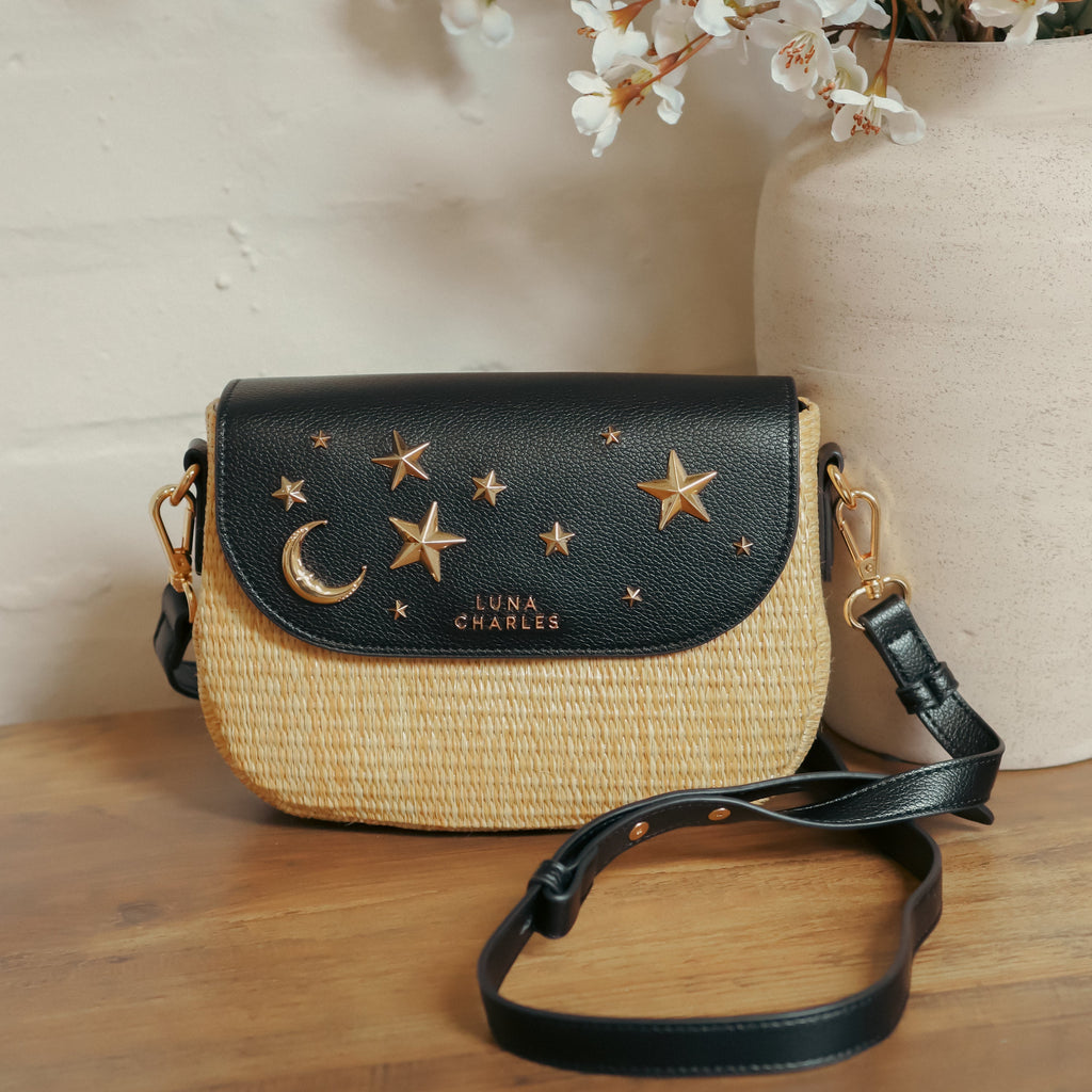 Luna Charles Elena black and gold rattan handbag close-up detail