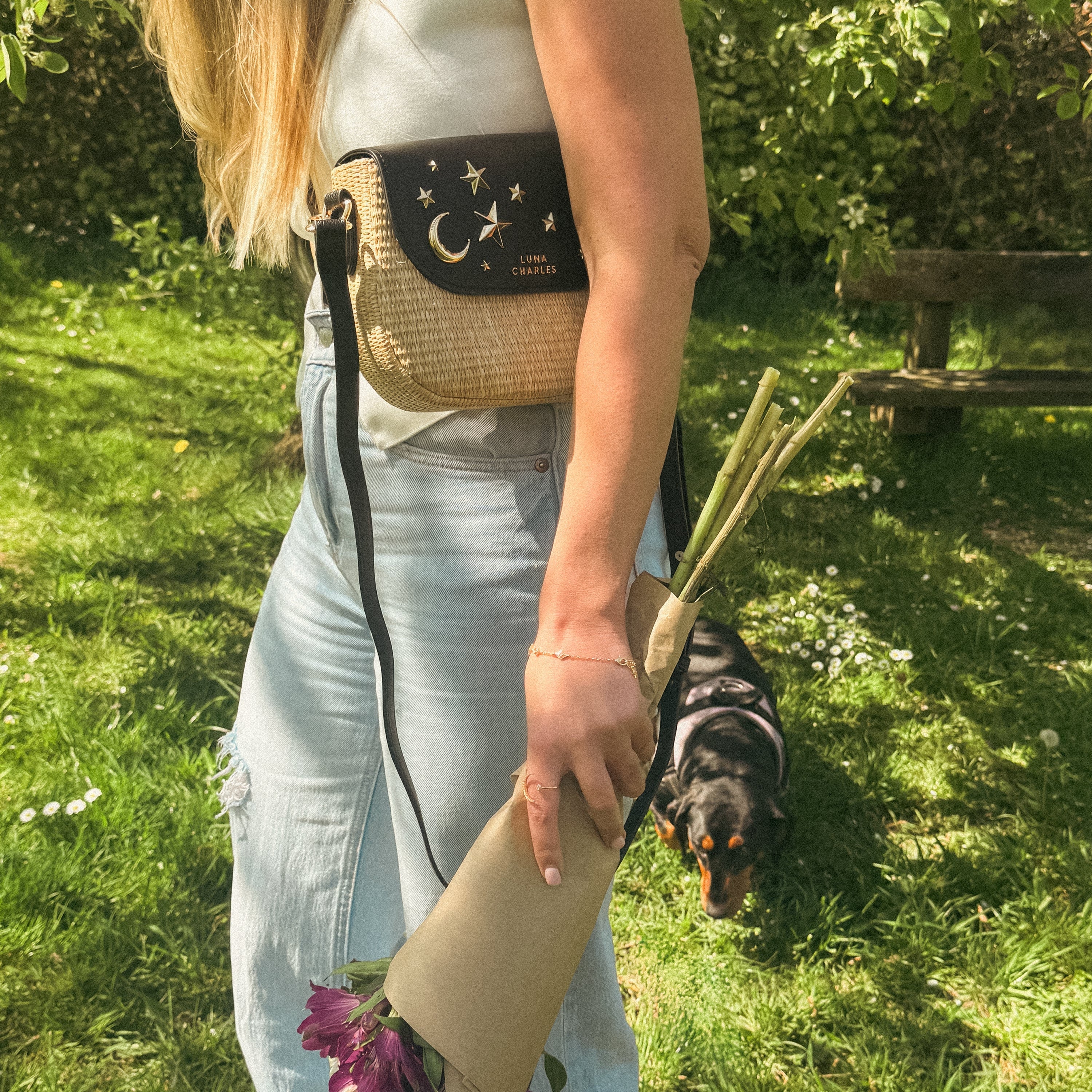 Luna Charles Elena black and gold rattan handbag product detail image