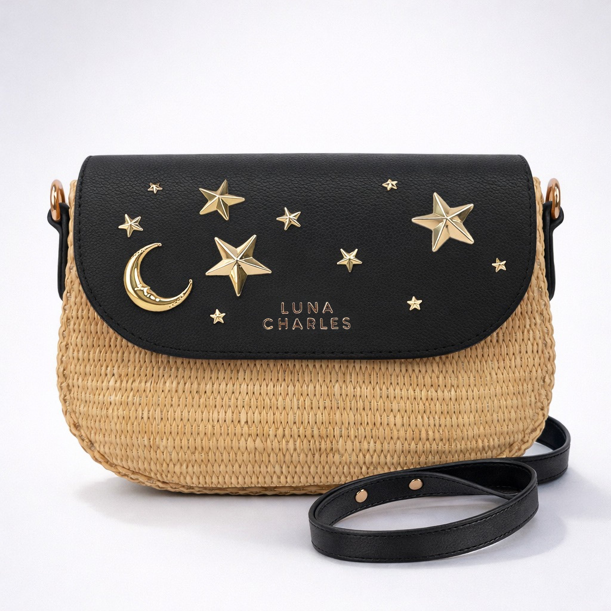 Luna Charles Elena star studded rattan handbag in black and gold main product image