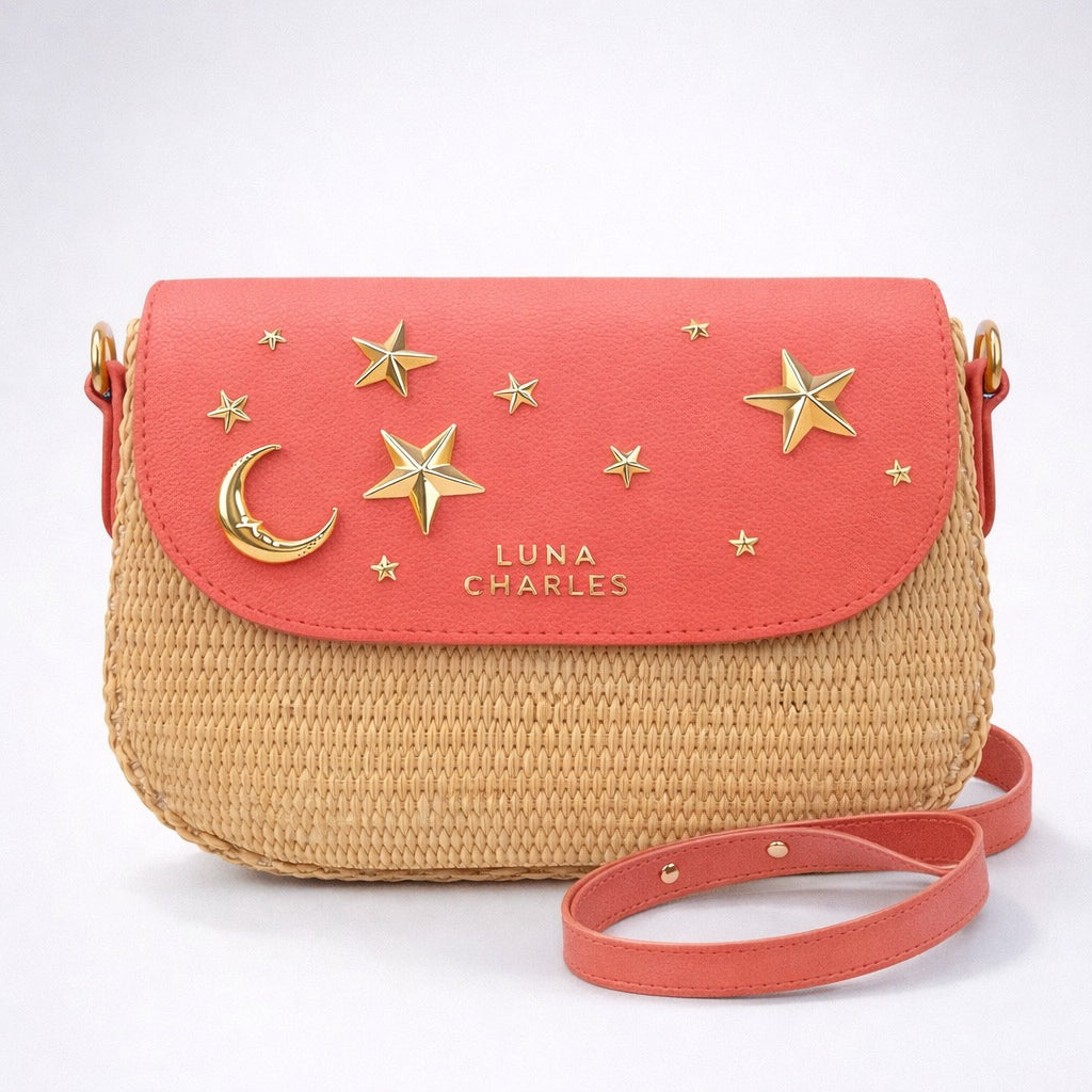 Luna Charles Elena star studded rattan handbag in coral and gold main product image