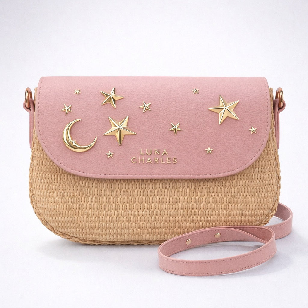 Luna Charles Elena star studded rattan handbag in pink and gold main product image