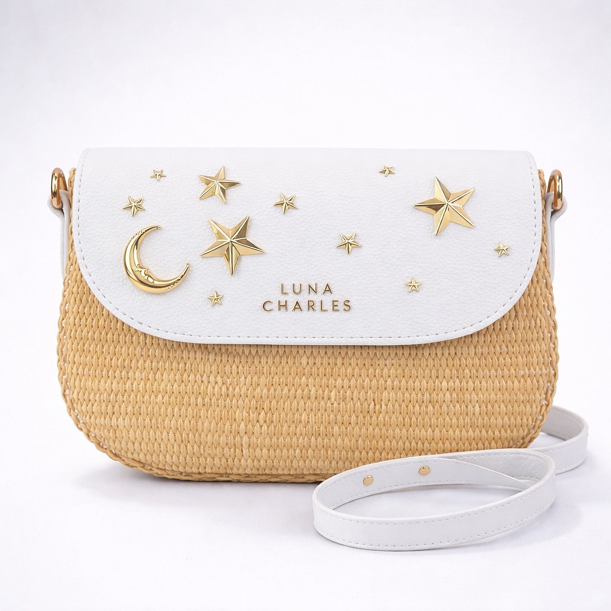 Luna Charles Elena star studded rattan handbag in white and gold main product image