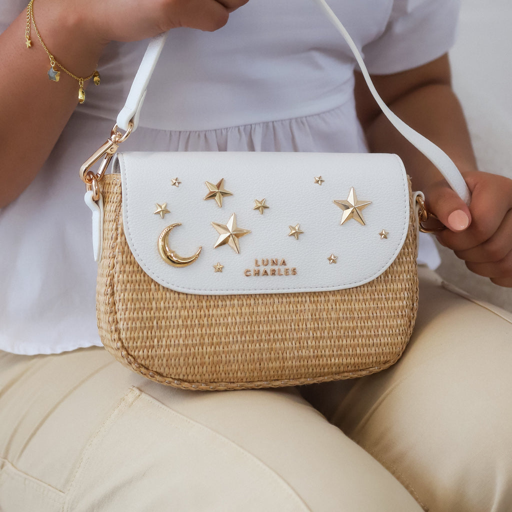 Luna Charles Elena white and gold rattan handbag product detail image