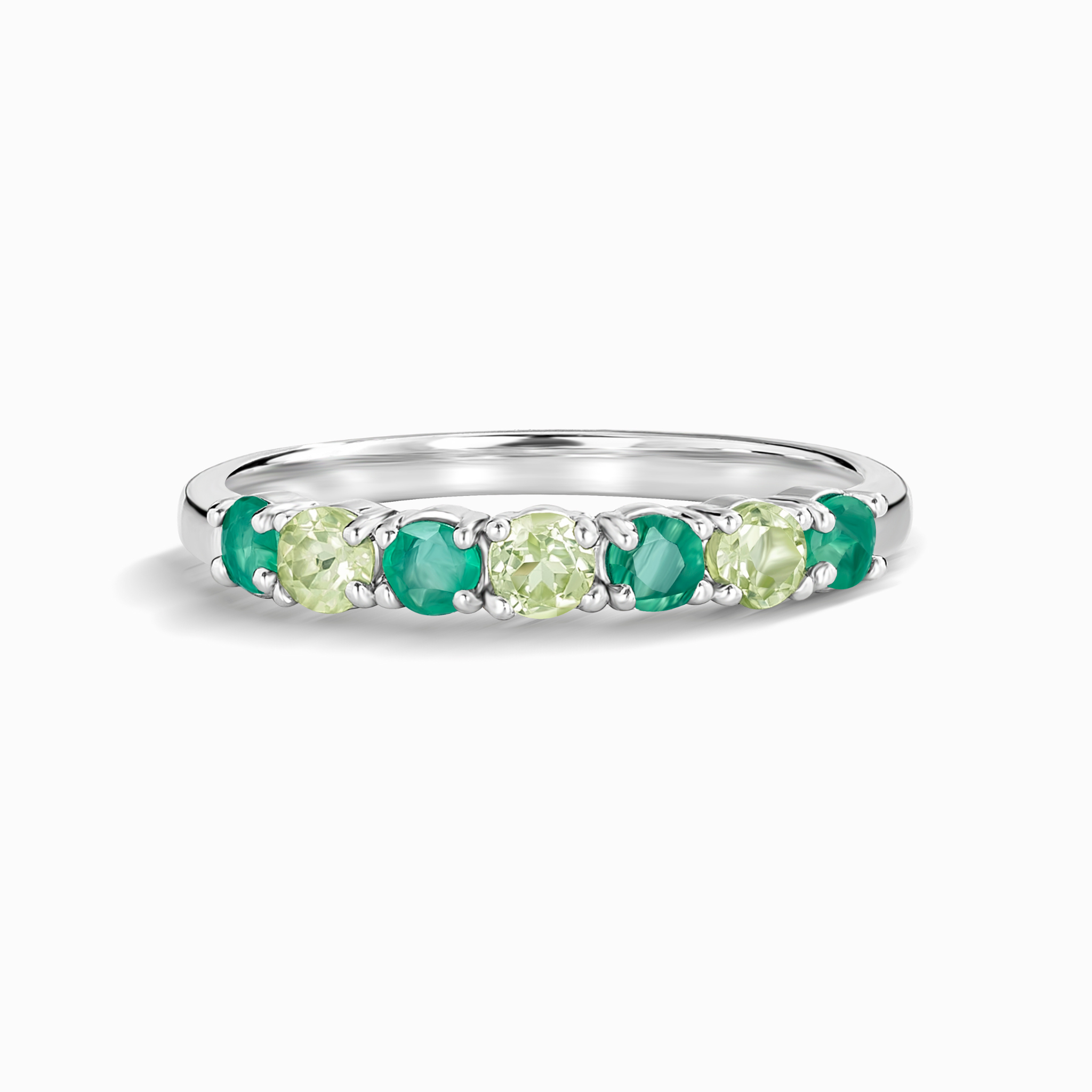 Emerald and peridot half eternity ring in sterling silver