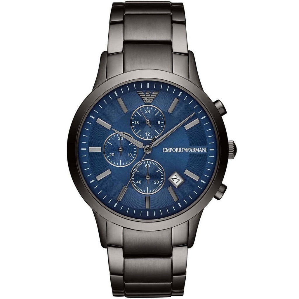 Emporio Armani AR11215 Renato watch close-up front view with blue sunray dial