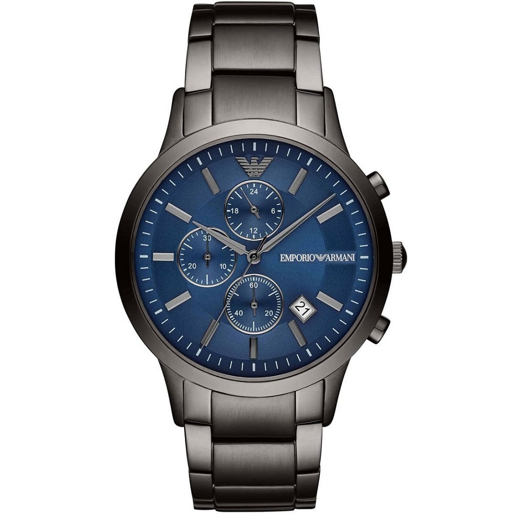Emporio Armani AR11215 Renato watch close-up front view with blue sunray dial