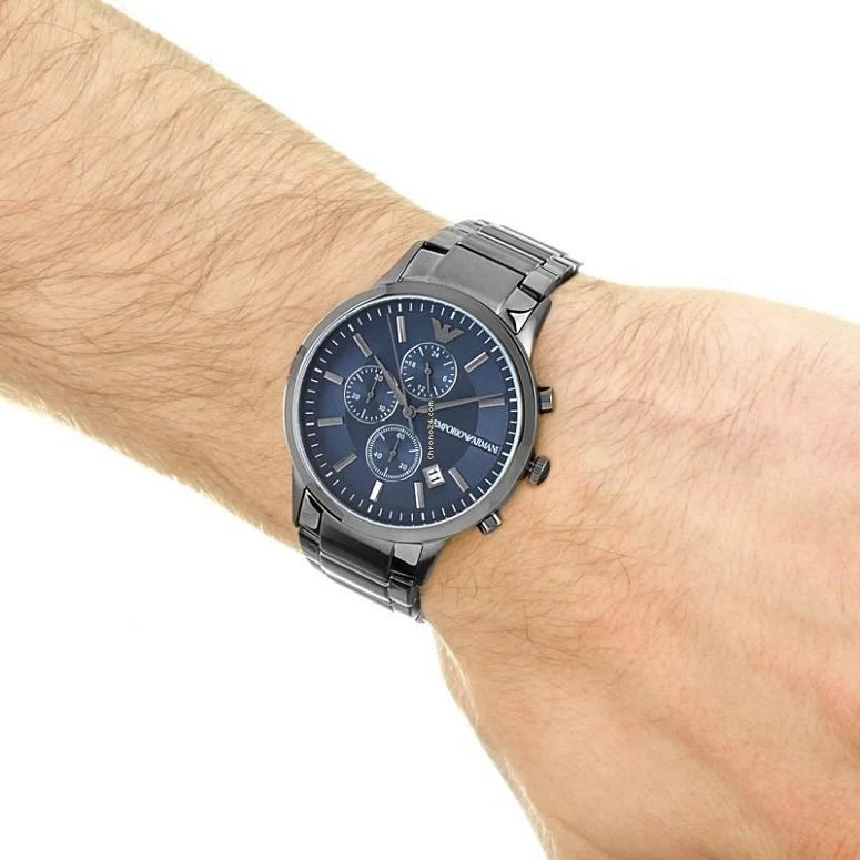 Emporio Armani AR11215 Renato watch on wrist with blue dial