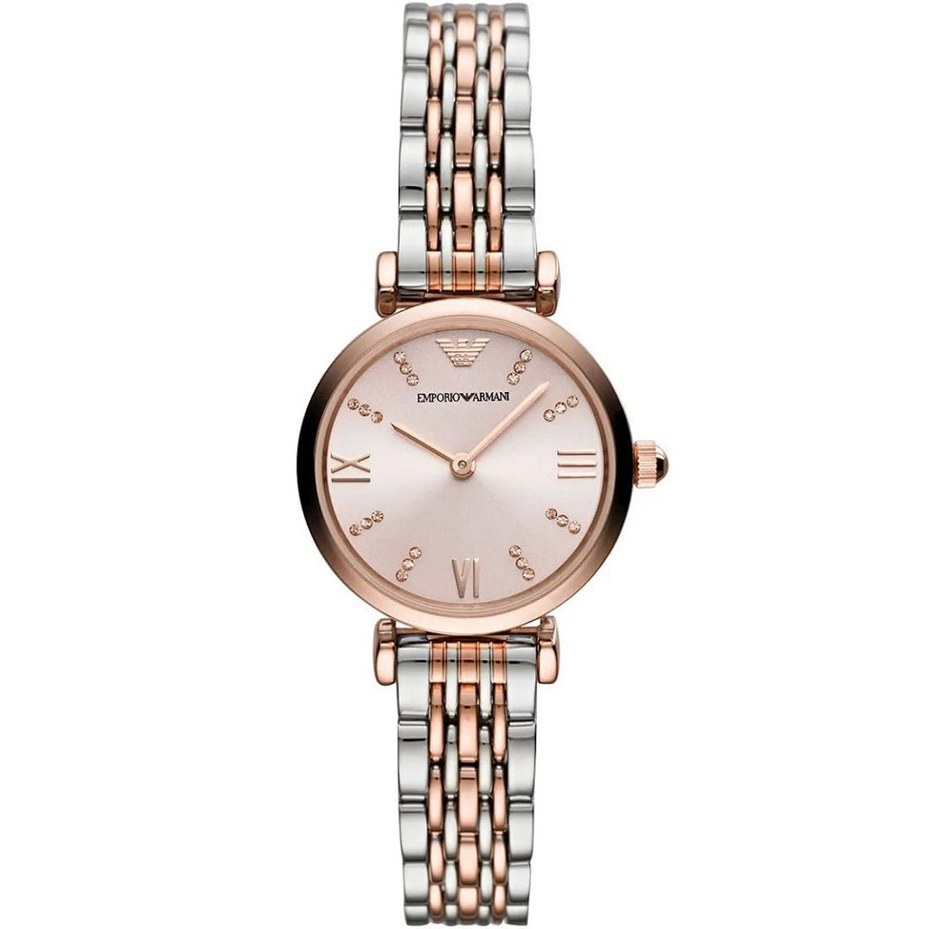 Emporio Armani AR11223 Gianni T-Bar women’s watch front view with rose gold dial and two-tone bracelet