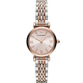 Emporio Armani AR11223 Gianni T-Bar women’s watch front view with rose gold dial and two-tone bracelet