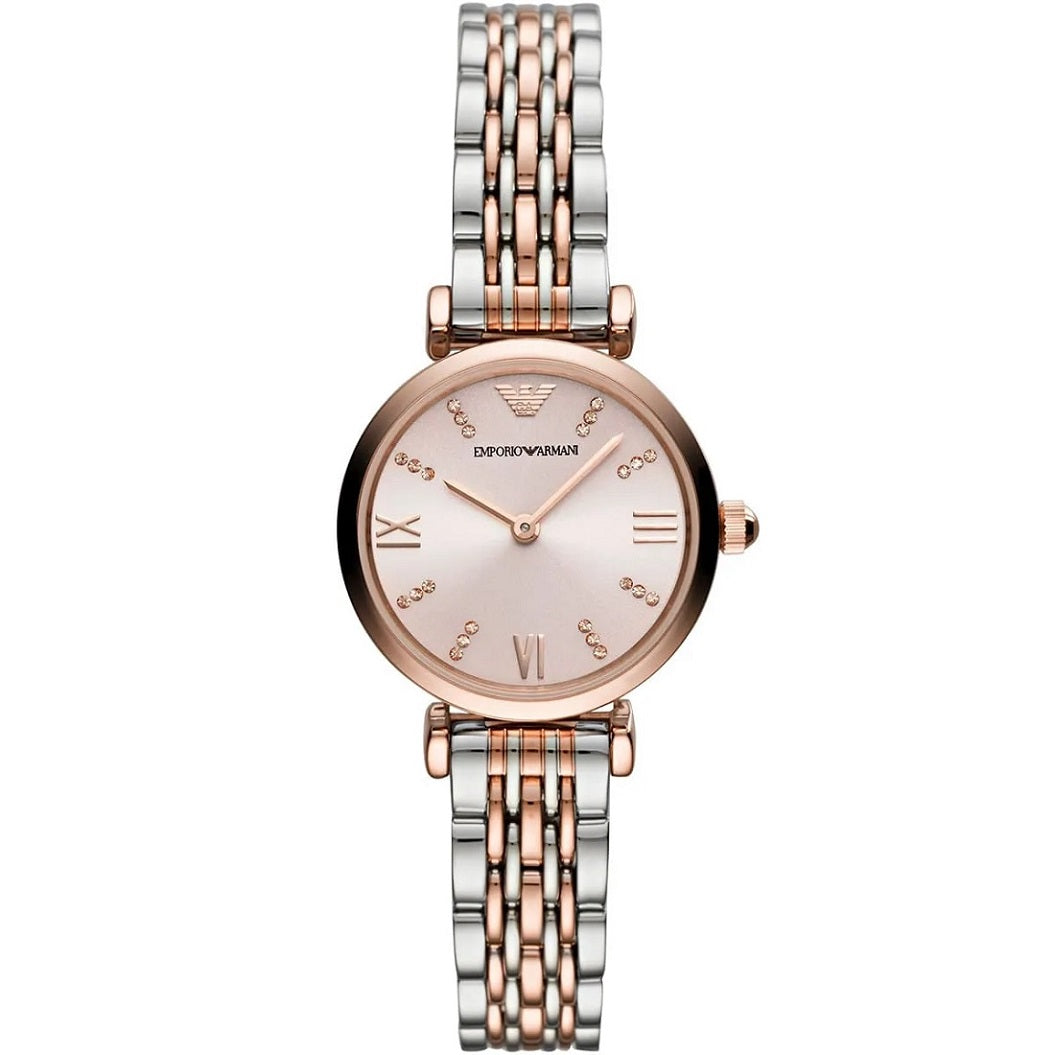 Emporio Armani AR11223 Gianni T-Bar women’s watch front view with rose gold dial and two-tone bracelet
