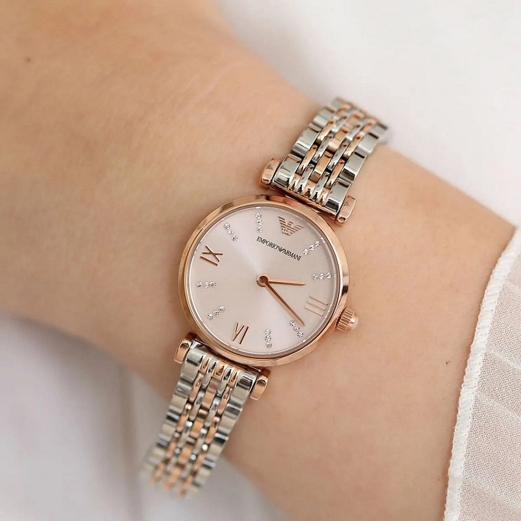 Emporio Armani AR11223 Gianni T-Bar two-tone watch on wrist