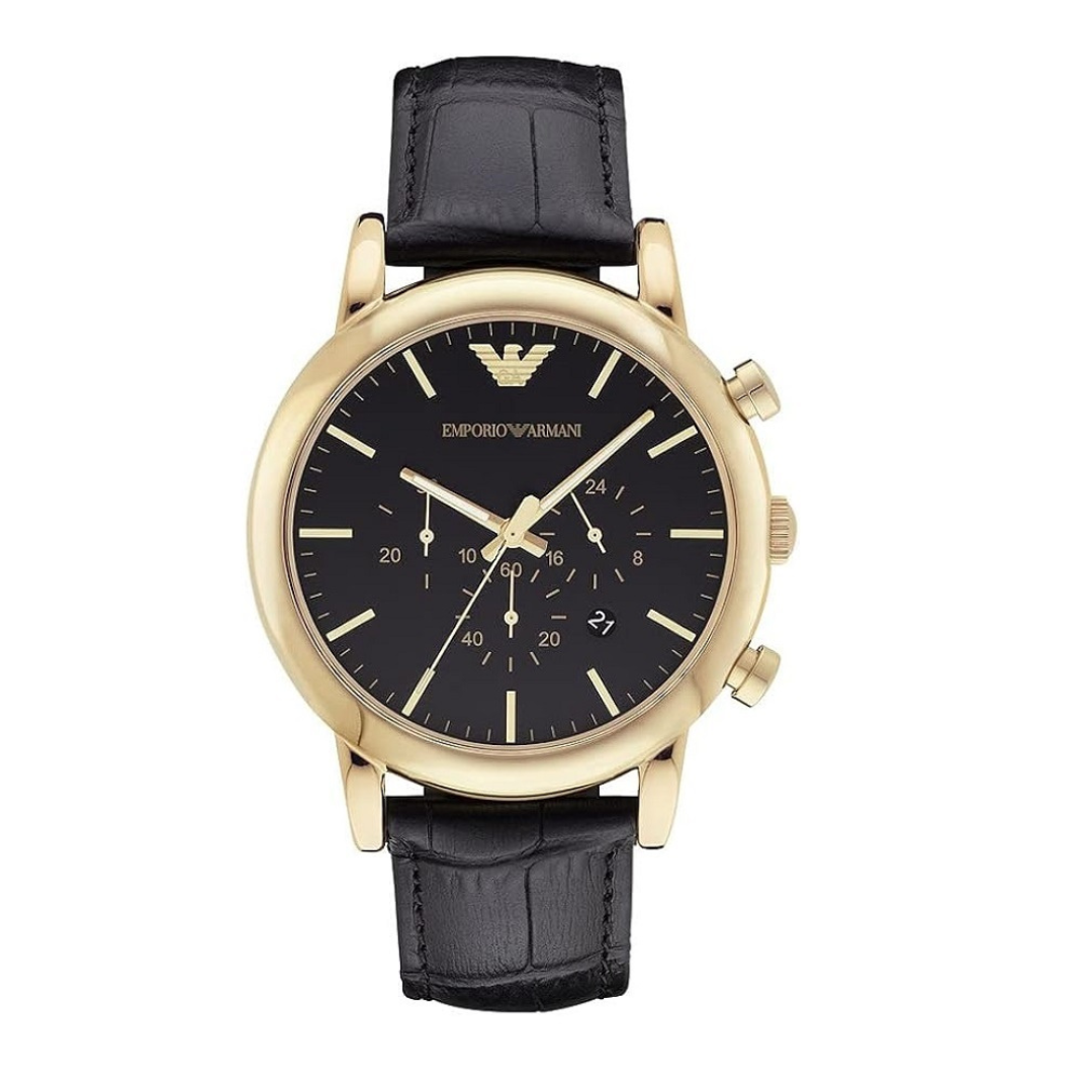 Emporio Armani AR1917 Luigi watch front dial view with gold-tone case and black dial