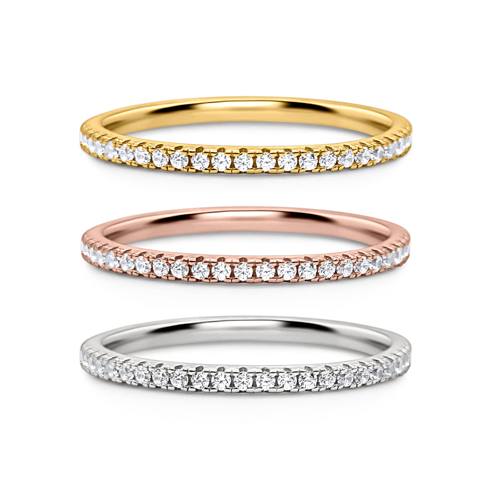 Essential eternity stacking ring set in gold rose gold and silver on white background