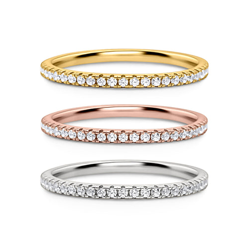 Essential eternity stacking ring set in gold rose gold and silver on white background