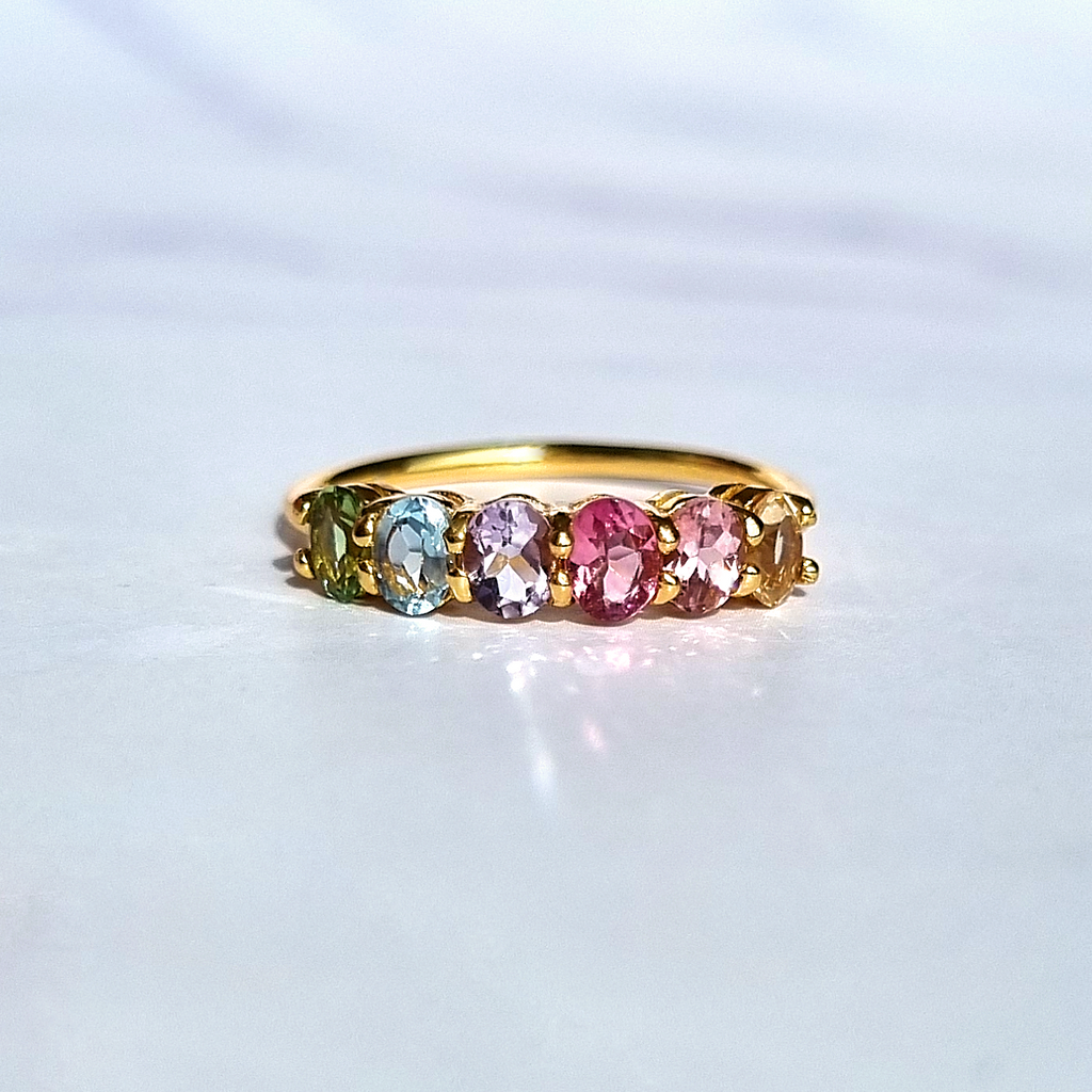 Rainbow multicoloured gemstone half eternity ring in 18k gold vermeil product image
