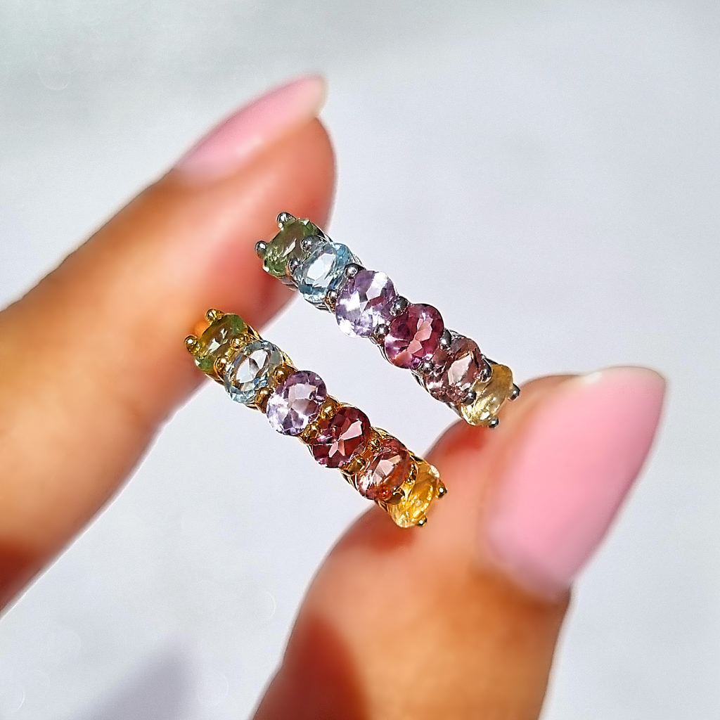 Rainbow multicoloured gemstone half eternity rings in gold vermeil and sterling silver product group