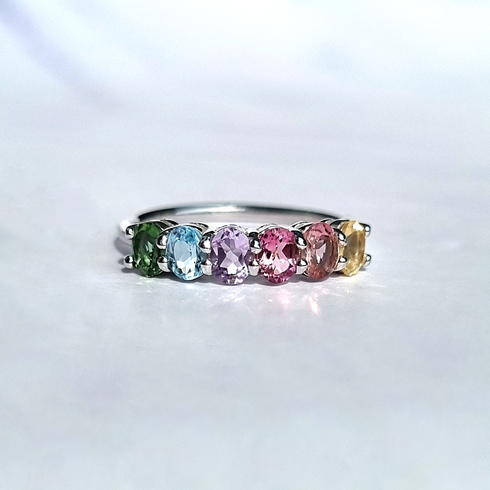 Rainbow multicoloured gemstone half eternity ring in sterling silver product image