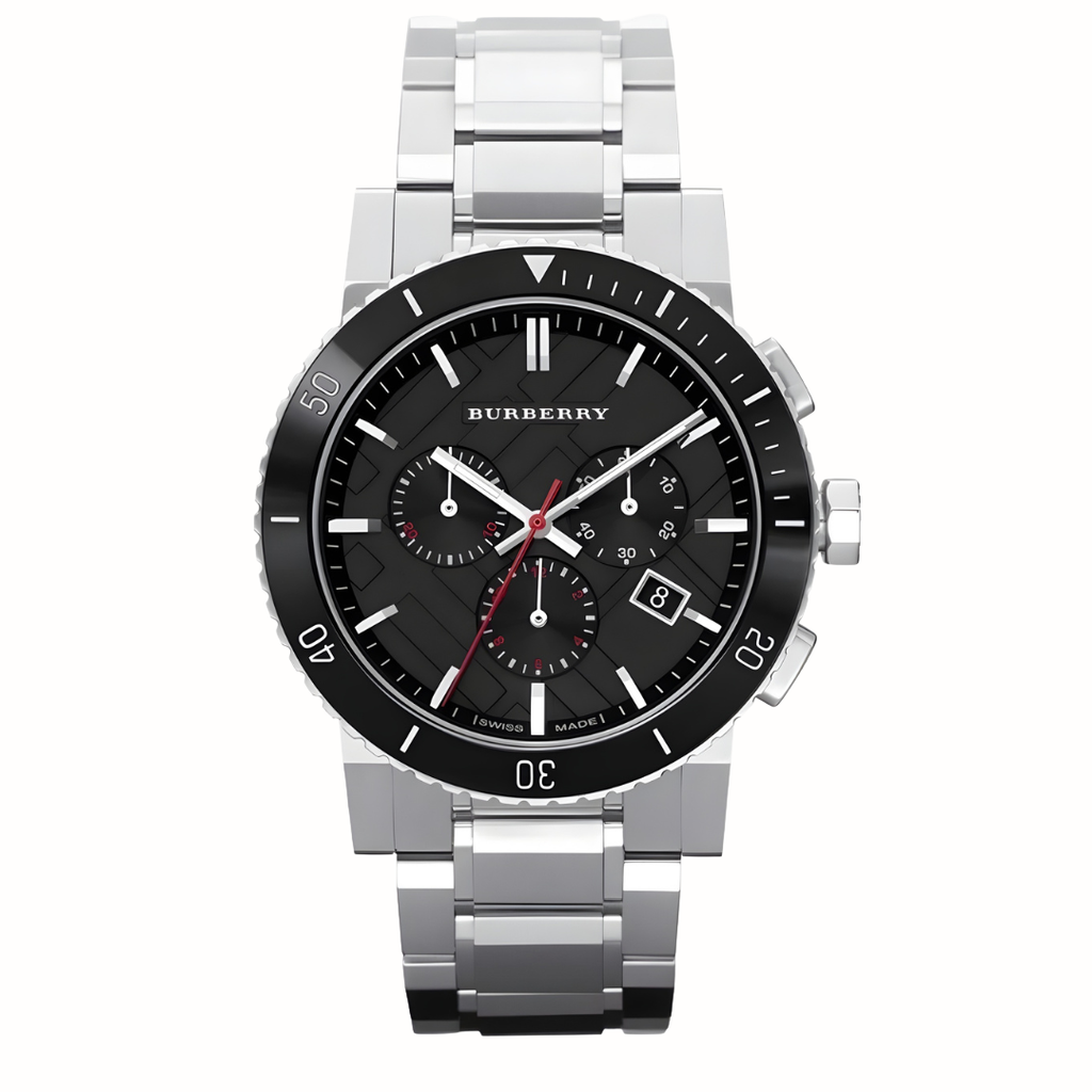 Burberry BU9380 The City watch front view with black dial and stainless steel silver bracelet