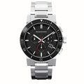 Burberry BU9380 The City watch front view with black dial and stainless steel silver bracelet