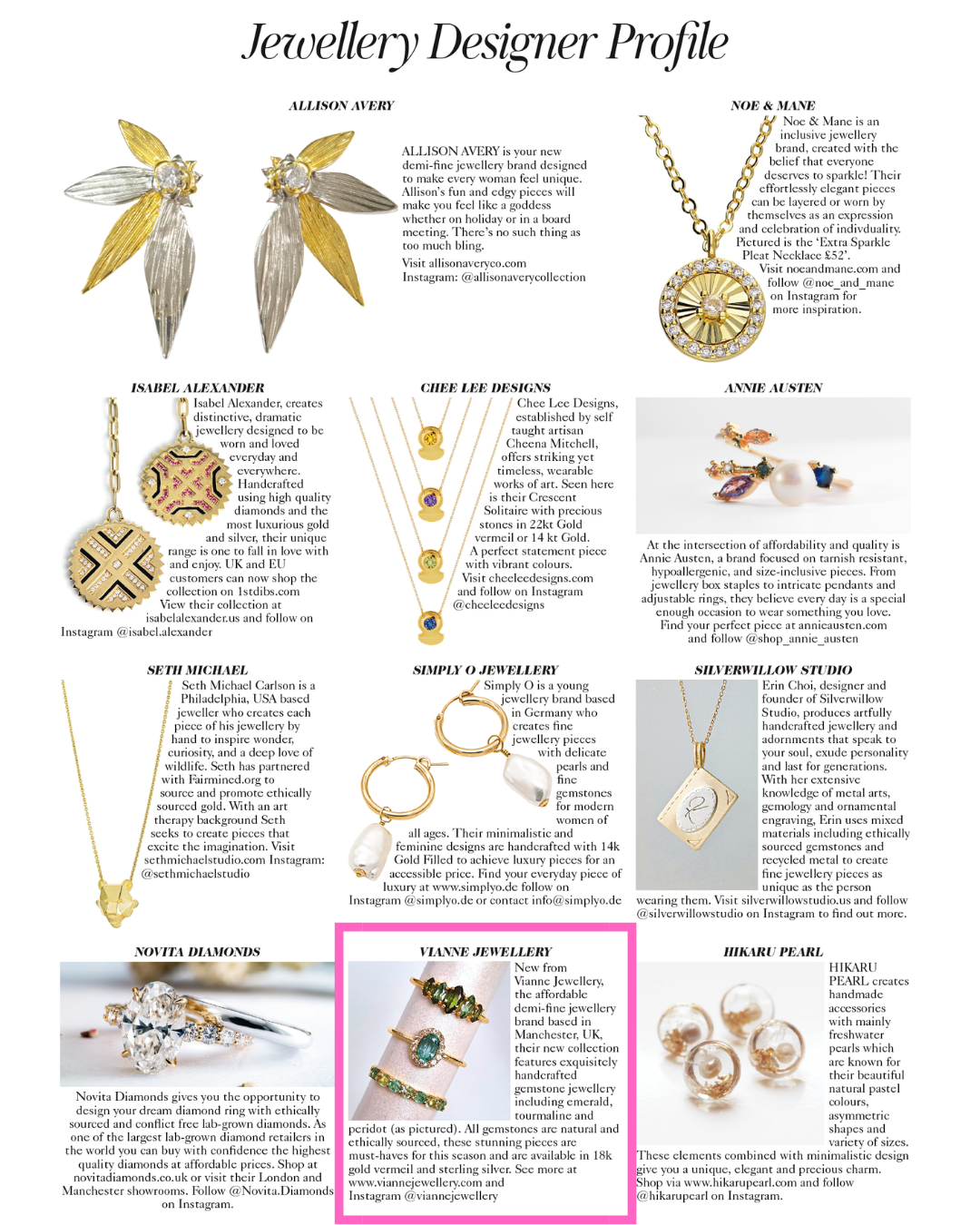 British Vogue jewellery designer profile feature image for Vianne Jewellery