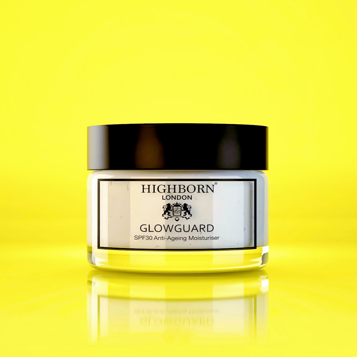 Highborn GLOWGUARD SPF30 moisturiser bottle on yellow background