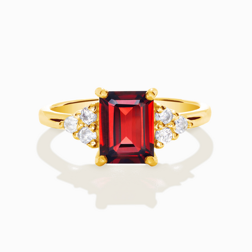 Garnet emerald cut ring in 18k gold vermeil on white background