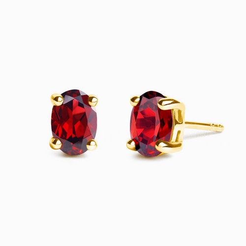 Garnet oval stud earrings in 18k gold vermeil on white background