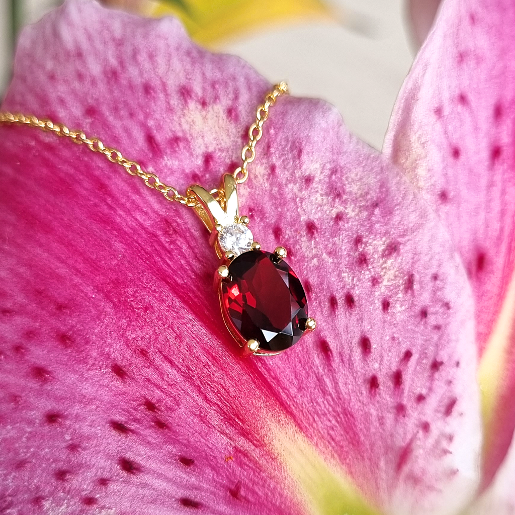 Garnet pendant necklace in 18k gold vermeil lifestyle detail image