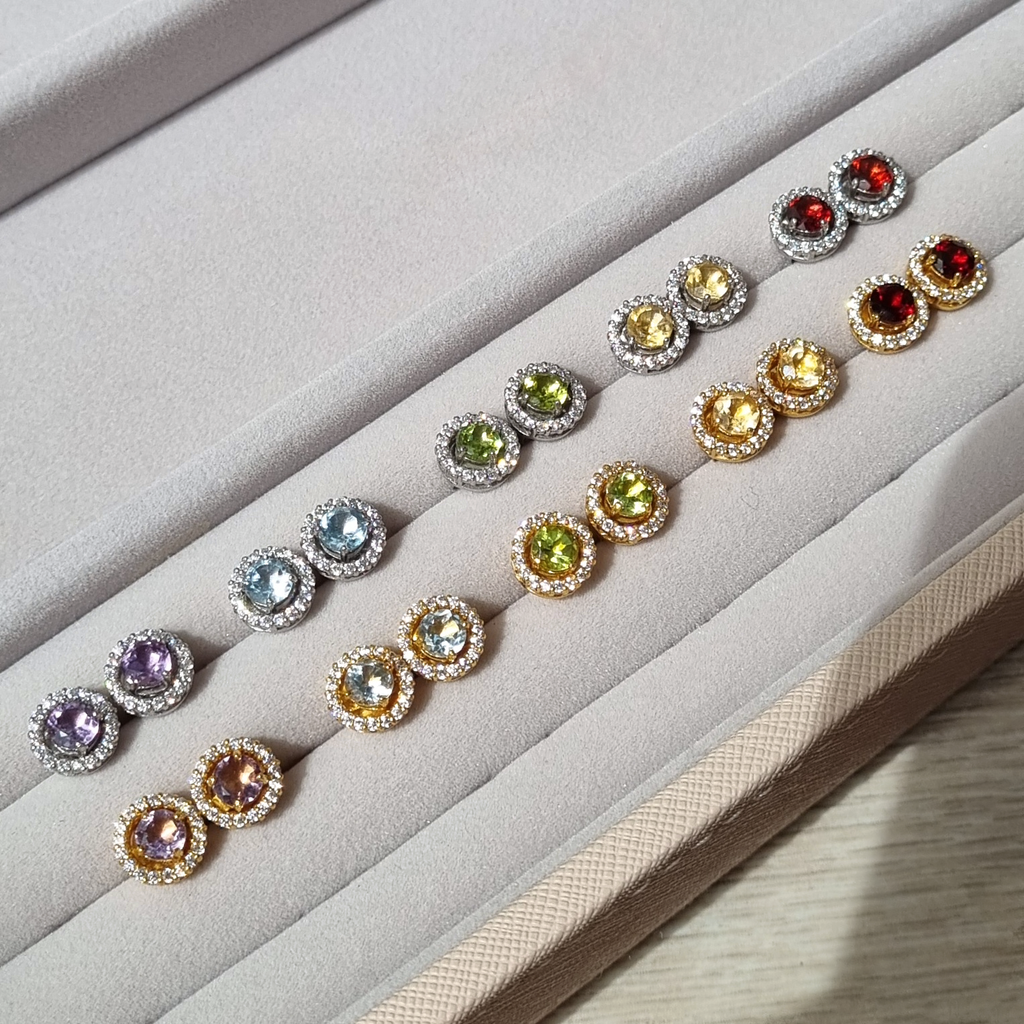 Garnet Halo Stud Earrings with Jackets in Sterling Silver