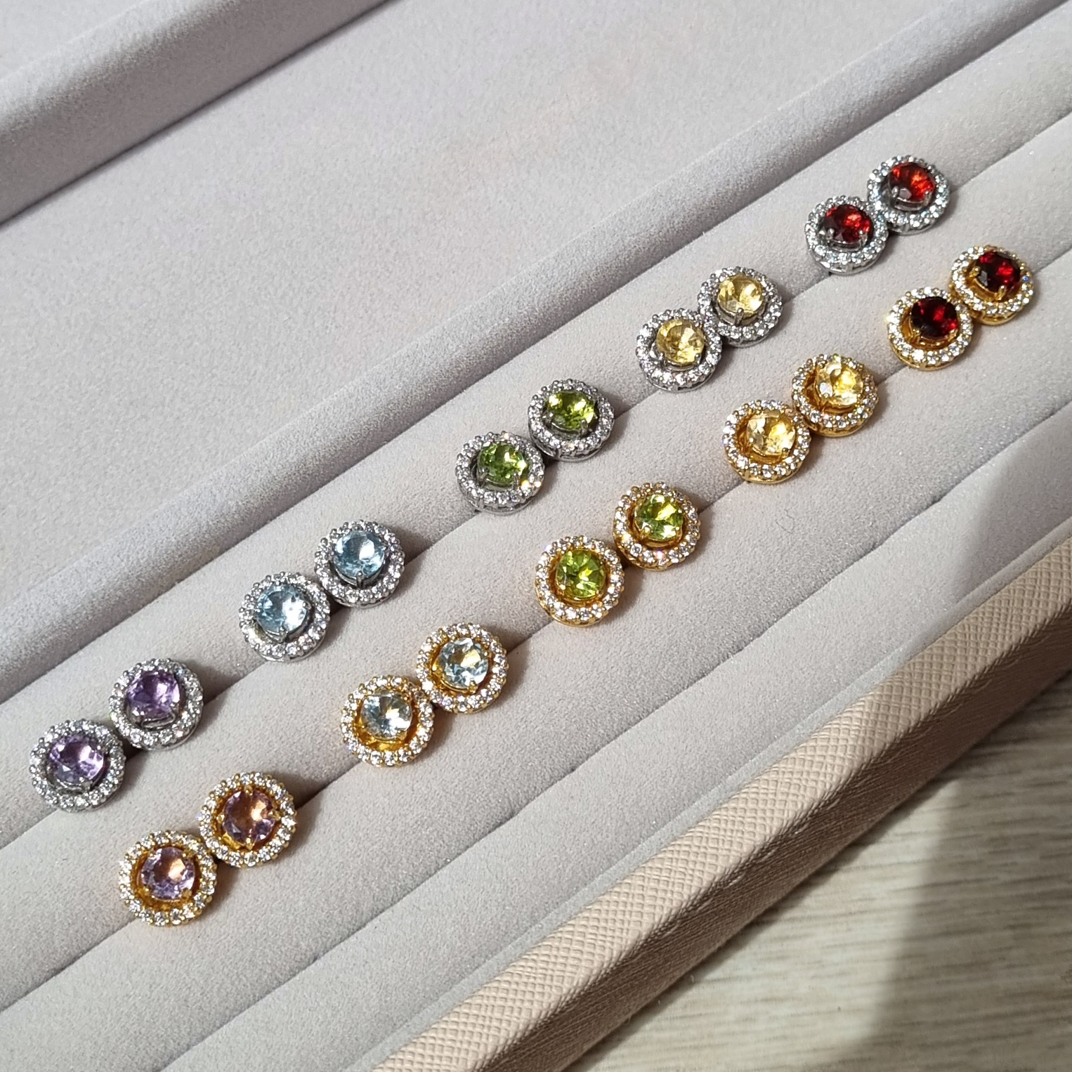 Gemstone halo stud earrings with removable jackets group image