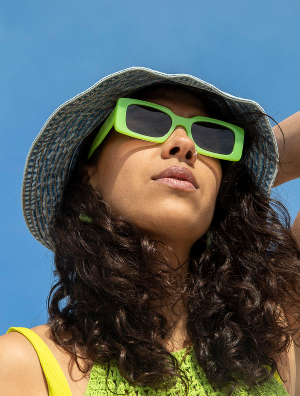 zoedepass Grace Neon Yellow rectangular sunglasses model image