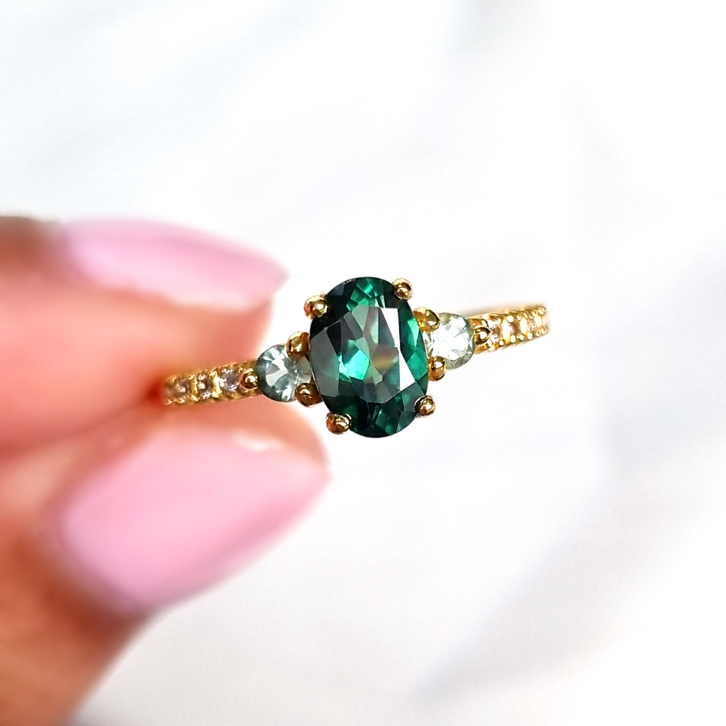 Green topaz and green tourmaline rings in 18k gold vermeil lifestyle image