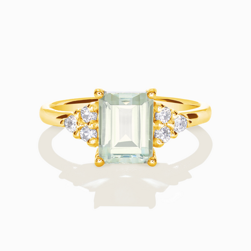 Green amethyst emerald cut ring in 18k gold vermeil on white background