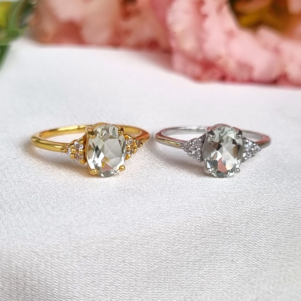 Green amethyst rings in sterling silver and 18k gold vermeil group image