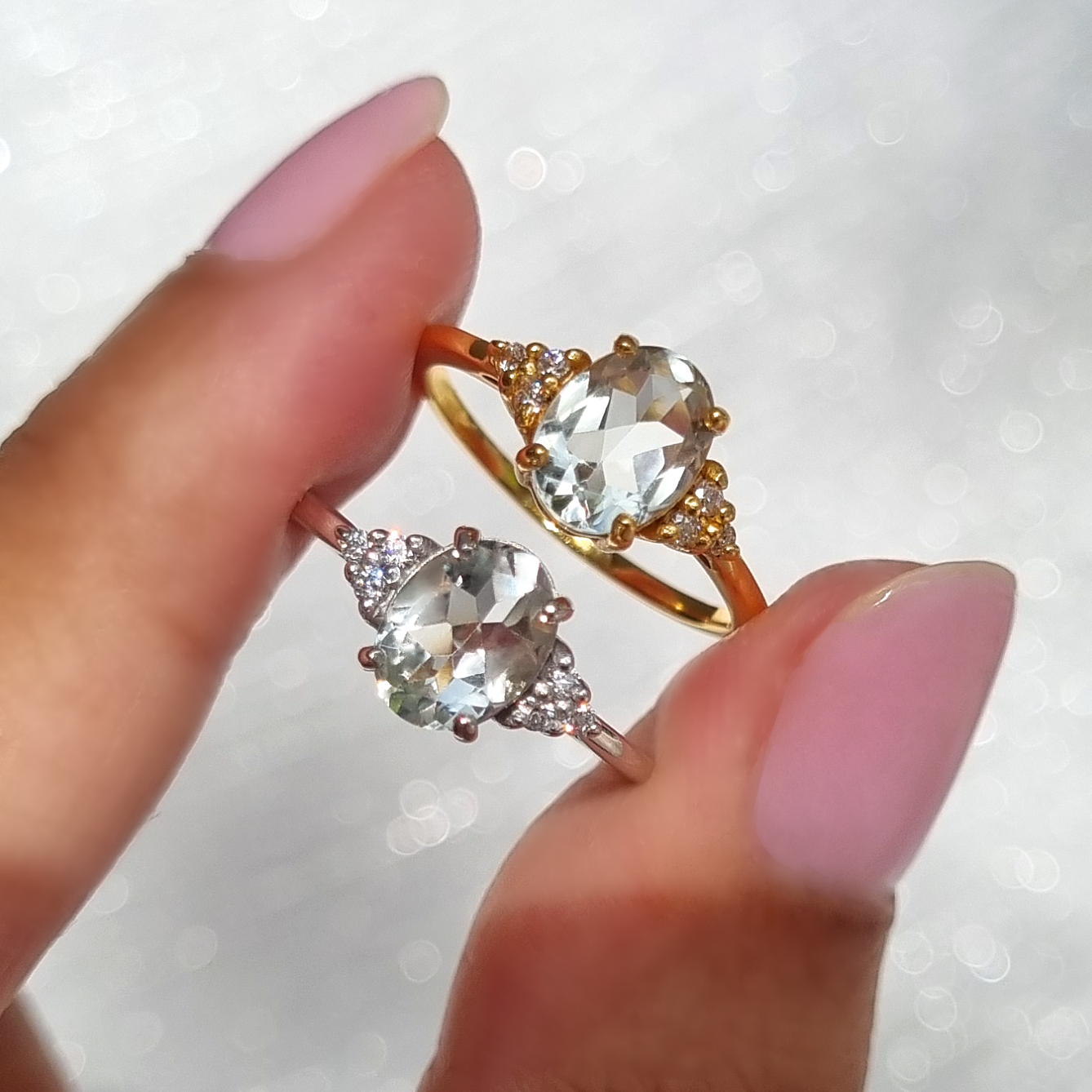 Green amethyst jewellery group in sterling silver and 18k gold vermeil